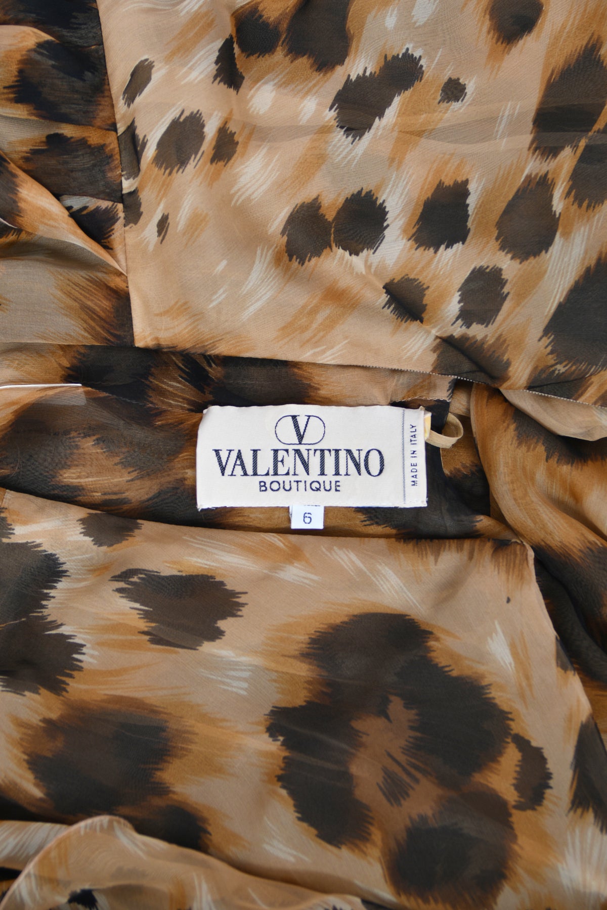 1996 Valentino Runway Editorial Leopard Print Sheer Silk Draped-Sash Gown