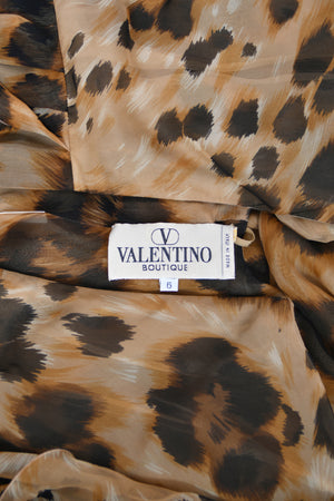 1996 Valentino Runway Editorial Leopard Print Sheer Silk Draped-Sash Gown