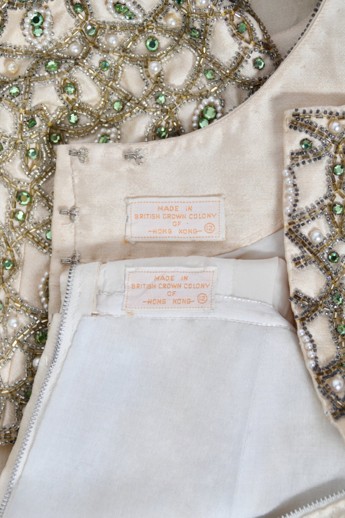 1960&#39;s British Crown Colony Beaded Rhinestone Ivory Silk Crop Top Column Gown