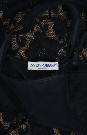 1997 Dolce & Gabbana Sheer Black Stretch Lace Built-In Bra Hourglass Slip Gown