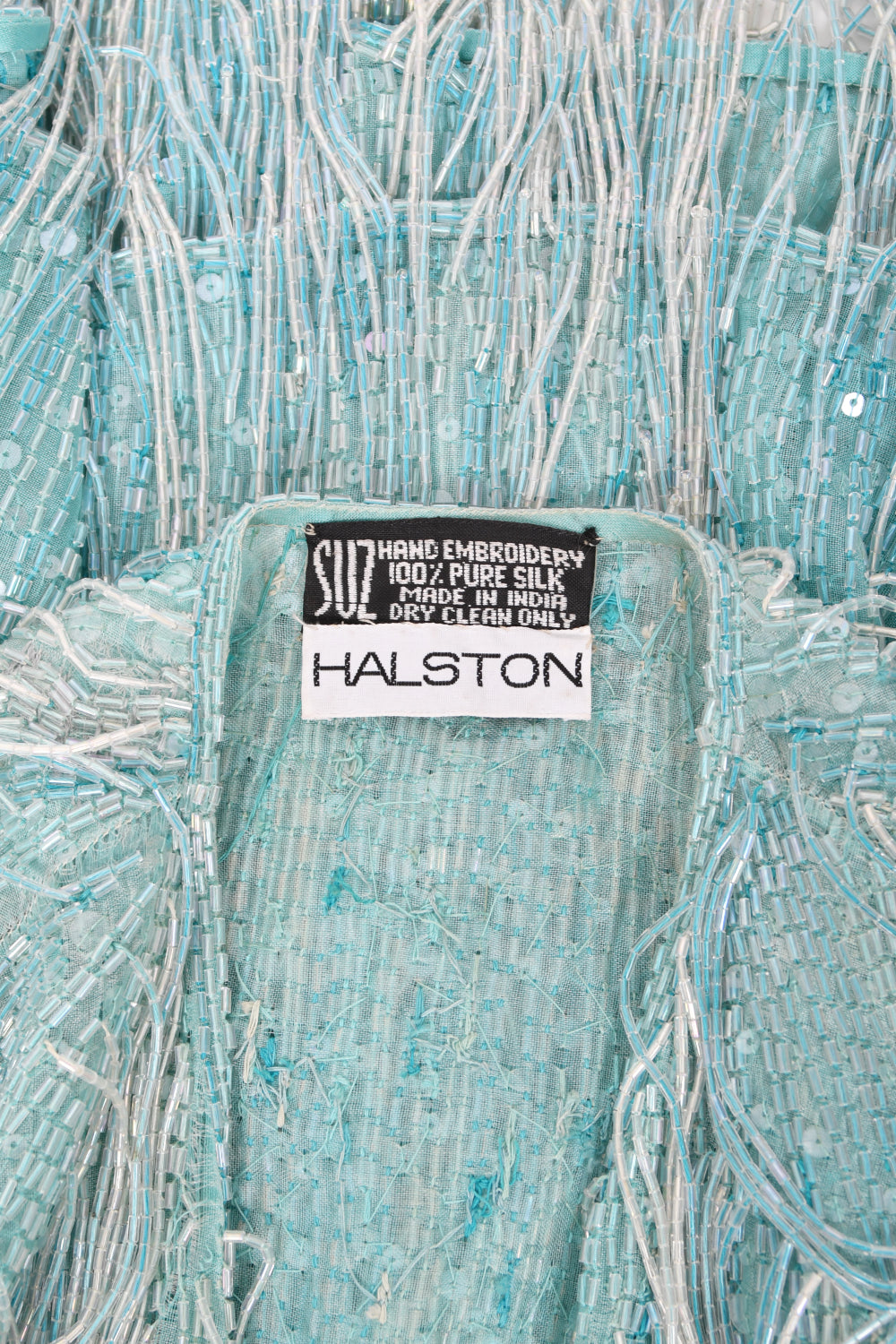 1970&#39;s Halston Couture Ice Blue Beaded Silk Fringe Disco Cardigan Jacket