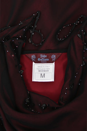 2000 John Galliano Beaded Black Sheer Silk Chiffon & Red Satin Draped Bias-Cut Gown