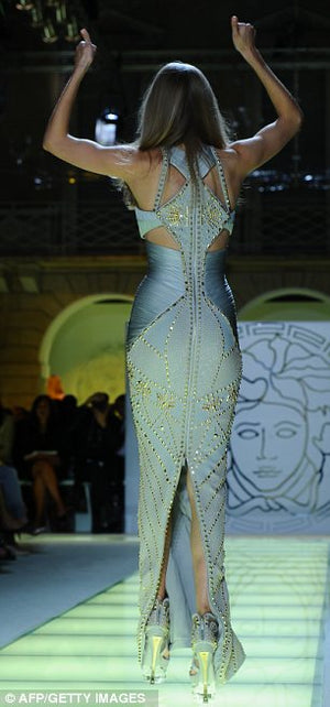 2012 Versace Runway Gold Studded Pale Dove Gray Silk Jersey Hourglass Gown