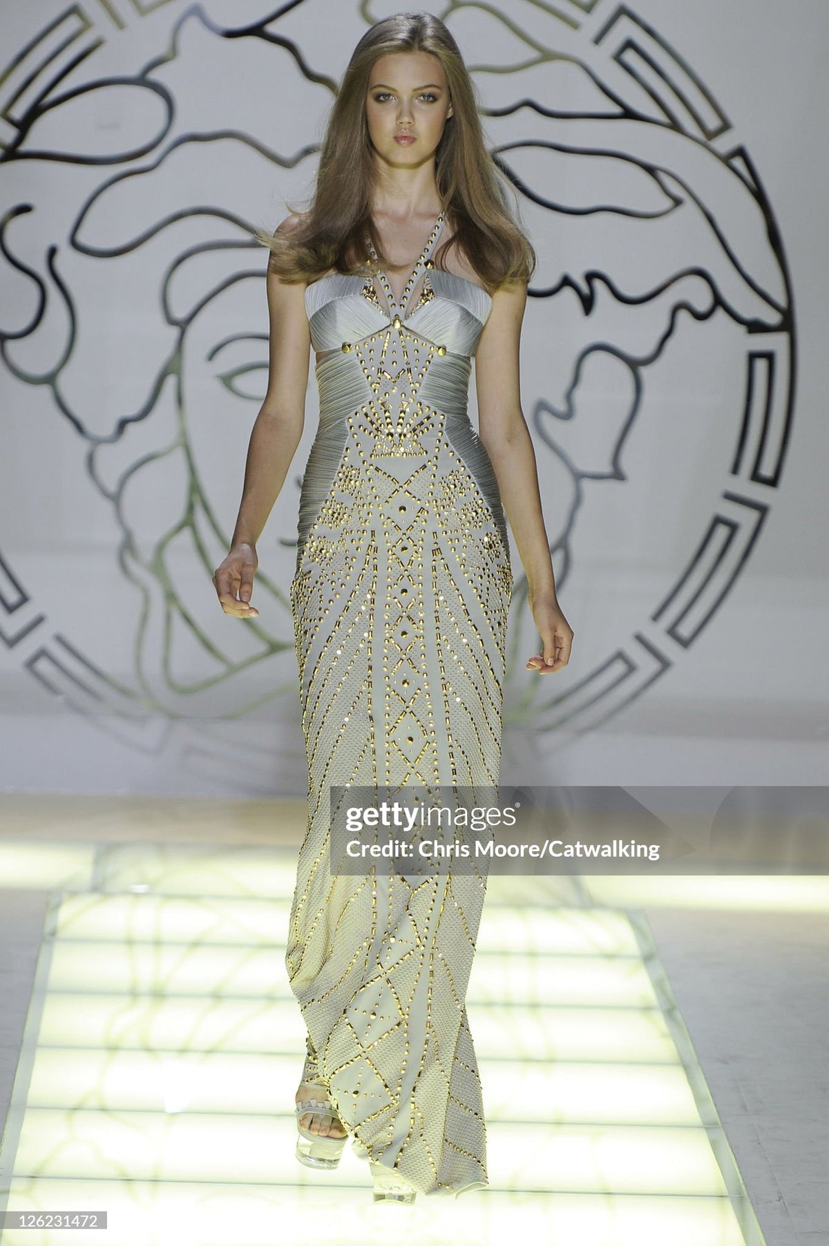 2012 Versace Runway Gold Studded Pale Dove Gray Silk Jersey Hourglass Gown