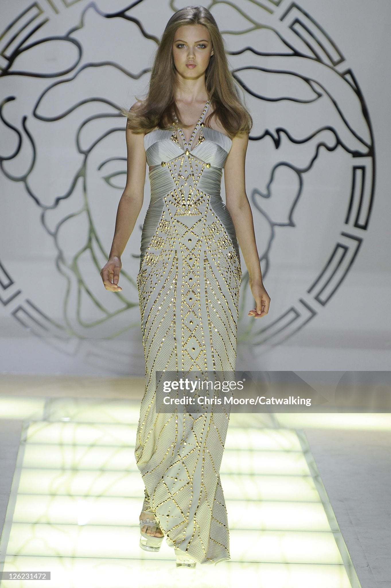 2012 Versace Runway Gold Studded Pale Dove Gray Silk Jersey Hourglass Gown
