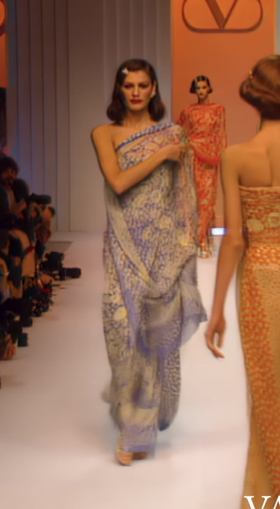 1995 Valentino Runway Periwinkle & Yellow Floral Print Silk Ruched Strapless Draped Gown