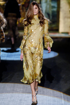 2006 Roberto Cavalli Champagne Floral & Bird Motif Silk Pleated High Low Bias-Cut Gown