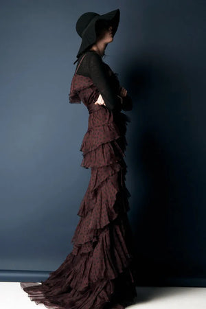 2011 Nina Ricci Editorial Burgundy & Black Polka-Dot Silk Tiered Ruffle Trained Gown w/ Tags