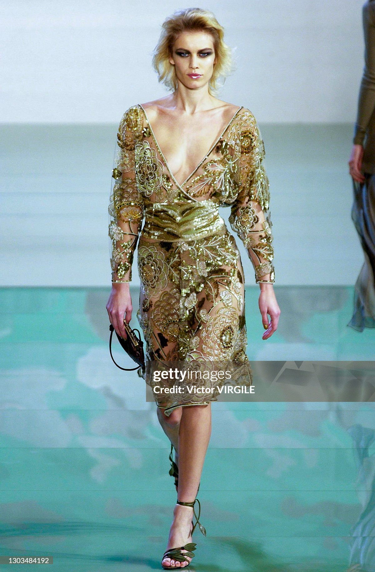 2003 Valentino Runway Heavily Embellished Jeweled Low Cut Nude-Illusion Sheer Net Dress