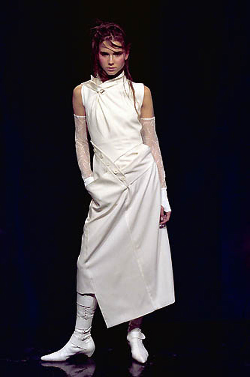 2000 Christian Dior by John Galliano Ivory Crepe Cut-Out Asymmetric Draped Dress