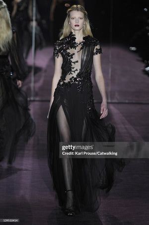 2012 Gucci Runway Editorial Heavily Embellished Sequin Sheer Black Pleated Tulle Gown