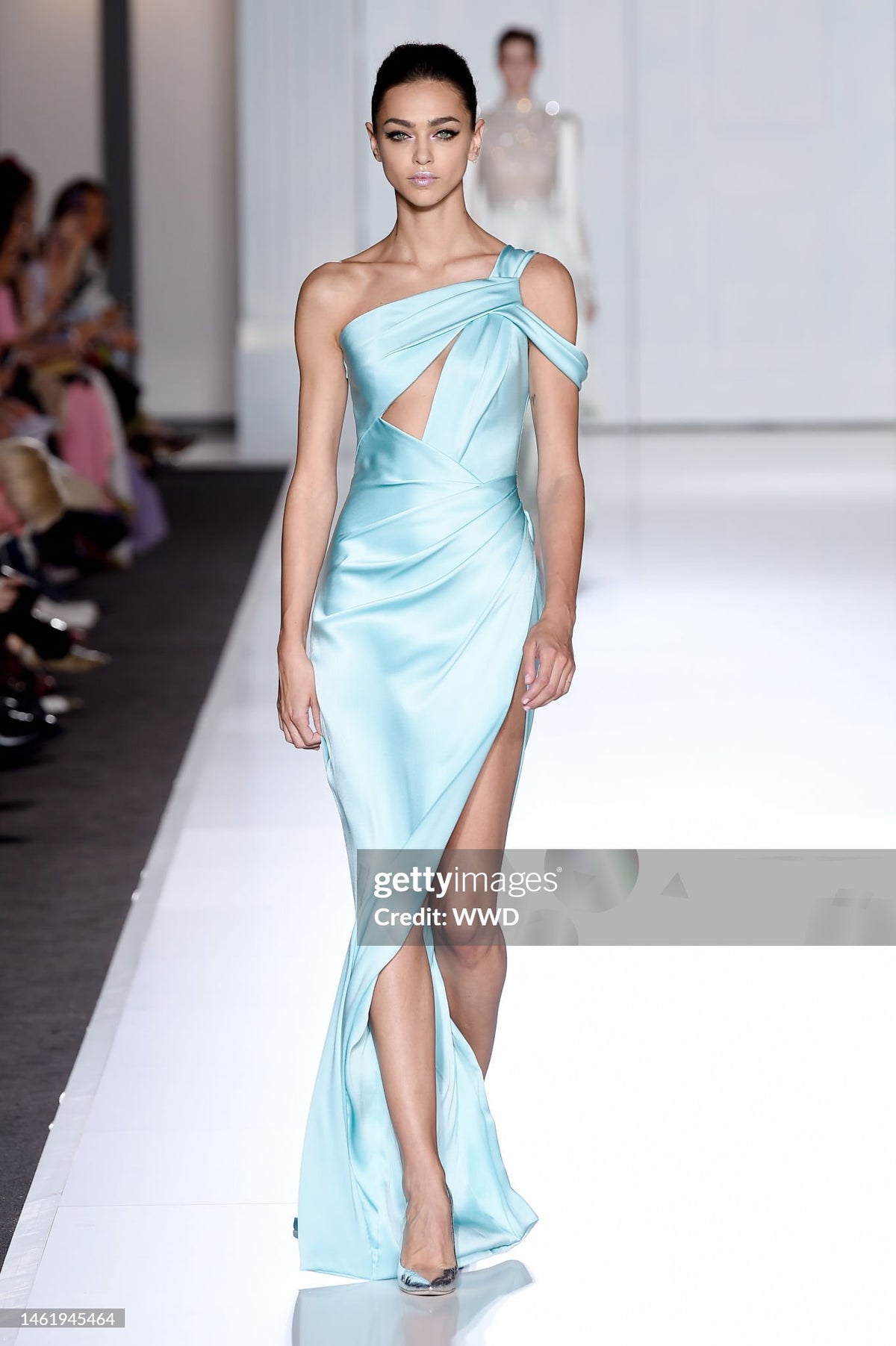 2017 Ralph & Russo Haute Couture Runway Aqua Blue Satin Cut-Out Draped High Slit Gown