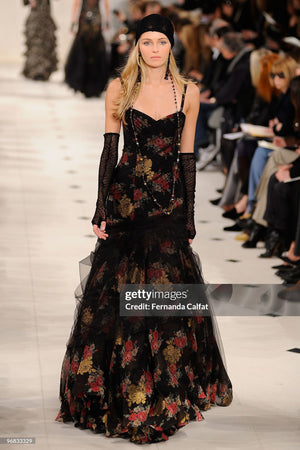2010 Ralph Lauren Runway Metallic Floral Silk & Black Sheer Tulle Hourglass Mermaid Gown