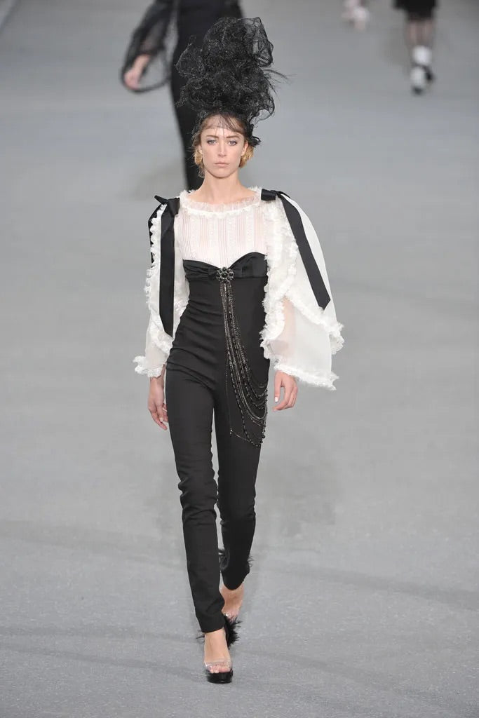 2009 Chanel by Karl Lagerfeld Editorial Runway Black &amp; White Angel Sleeve Fitted Jumpsuit