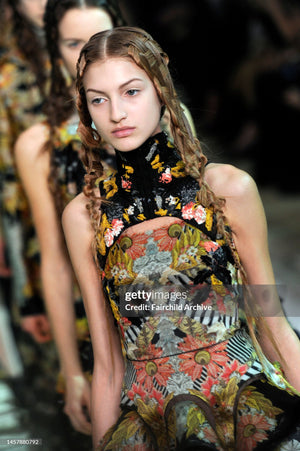 2011 Alexander McQueen 'Folklore Fin' Floral Stripe Print Draped Bias-Cut Gown w/ Shawl