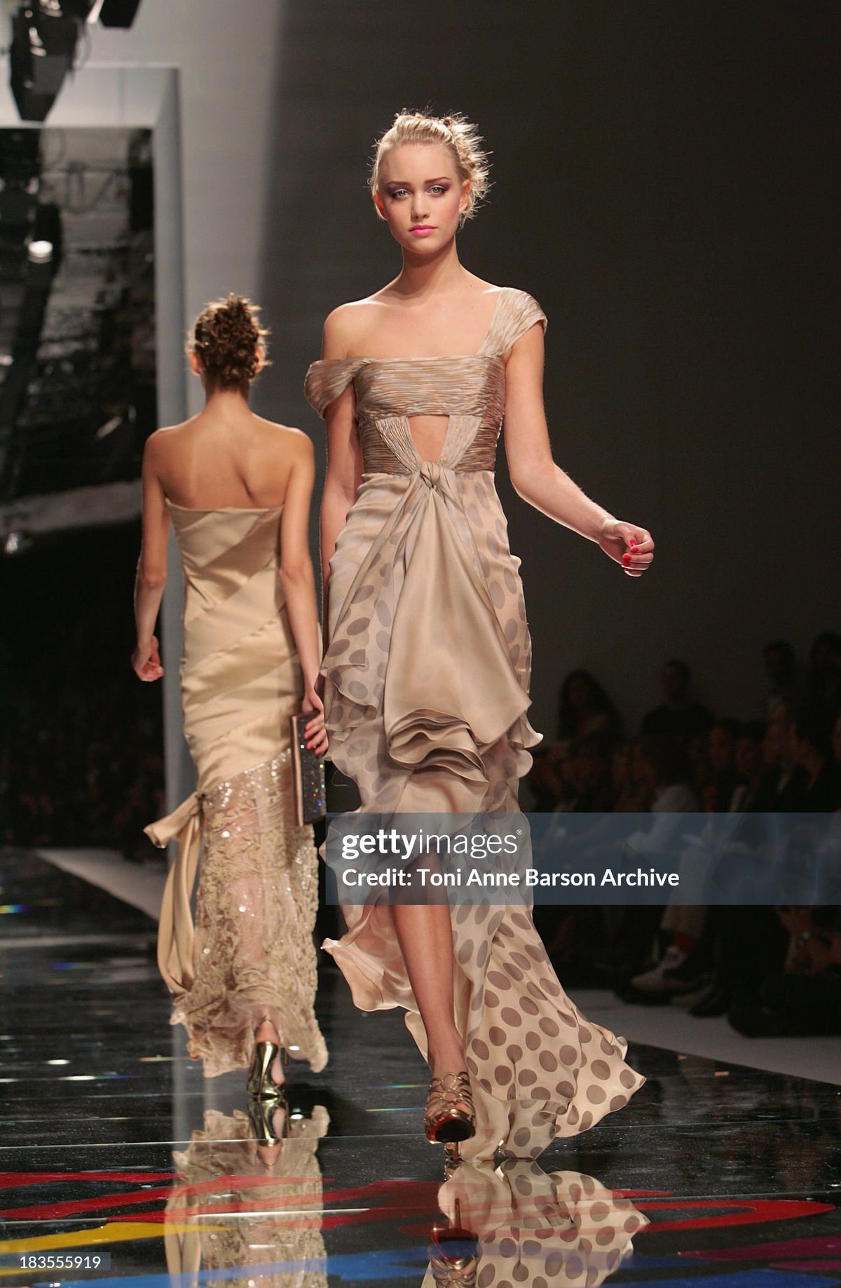 2008 Valentino Runway Polka-Dot Champagne &amp; Silver Silk Ruched Cut-Out Gown