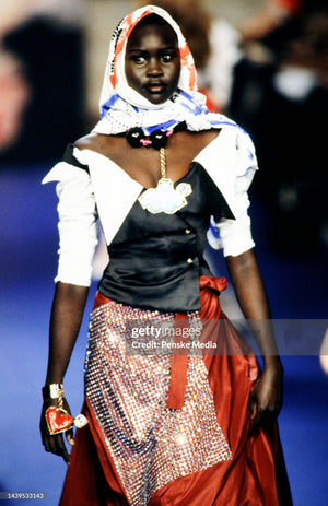 1999 Vivienne Westwood 'La Belle Helene' Collection Silk Off-Shoulder Corset Blouse & Full-Length Skirt Set