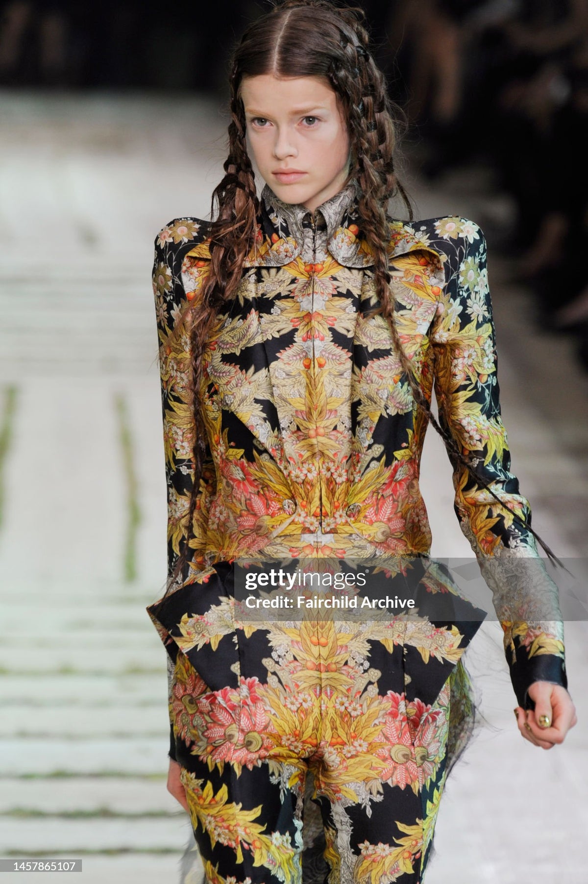2011 Alexander McQueen 'Folklore Fin' Floral Stripe Print Draped Bias-Cut Gown w/ Shawl