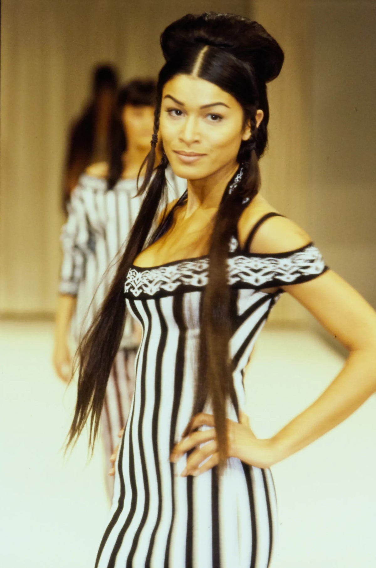 1992 Azzedine Alaia Black Stretch Knit Cold-Shoulder Halter Bodycon Maxi Dress