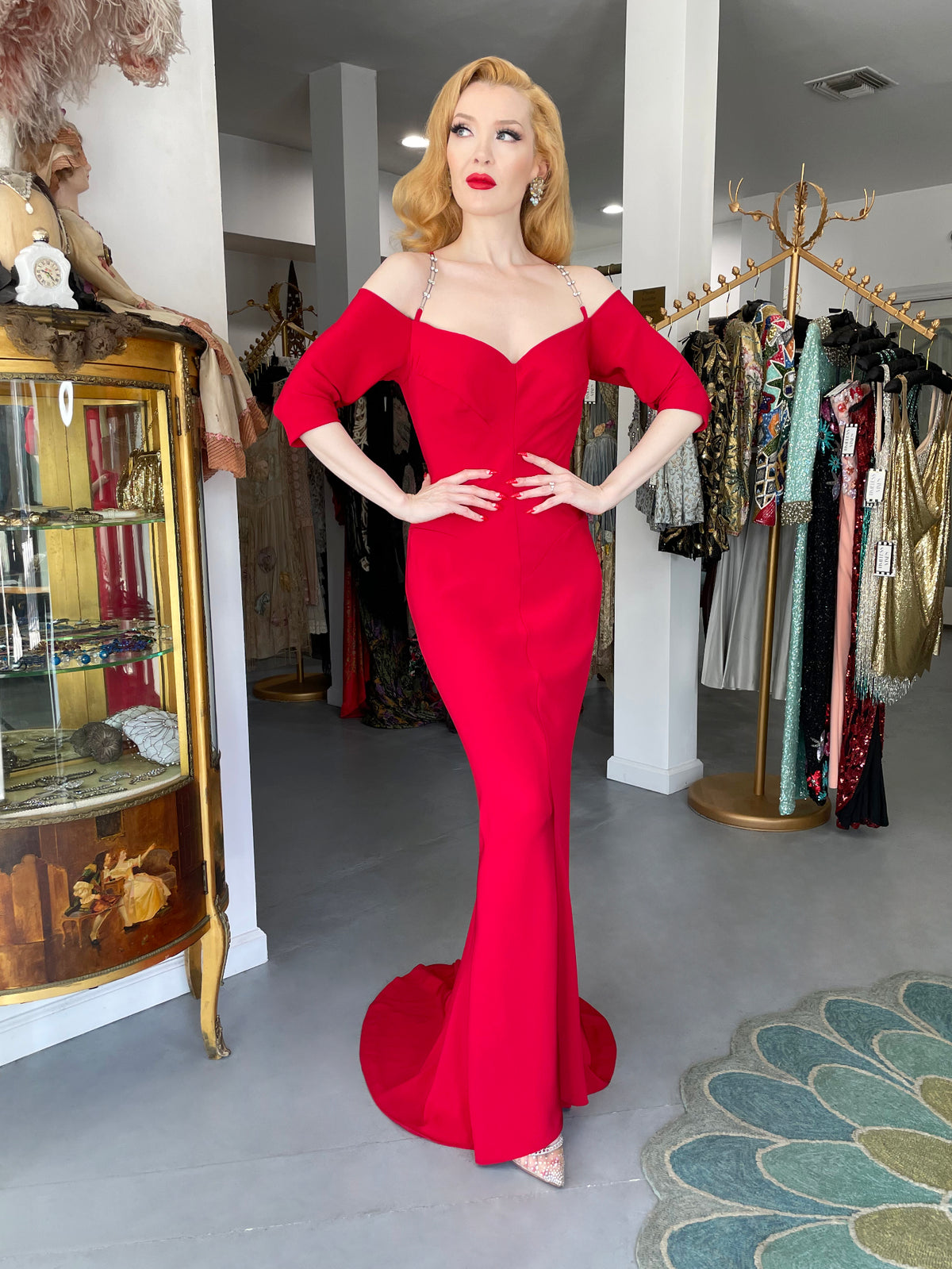 2000 Raquel Welch Custom Couture Ruby-Red Silk Bustier Hourglass Trained Gown