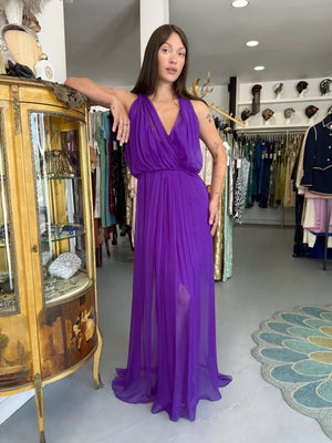 2011 Christian Dior by John Galliano Royal Purple Sheer Silk Low-Cut Asymmetric Goddess Gown