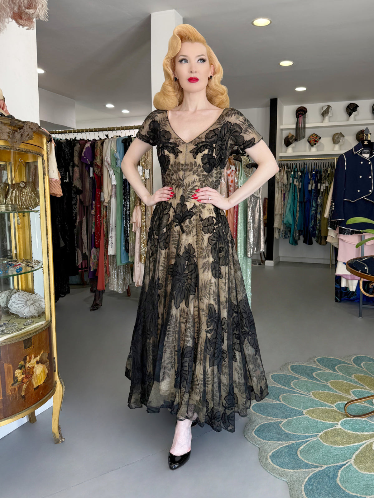 1950’s Hattie Carnegie Couture Large-Scale Black Floral Chenille Lace Full Skirted High-Low Gown