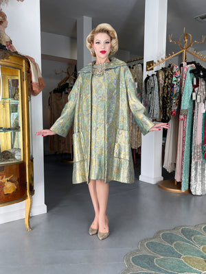 1960's Bob Bugnand Couture Beaded Metallic Silk-Brocade Dress & Matching Coat