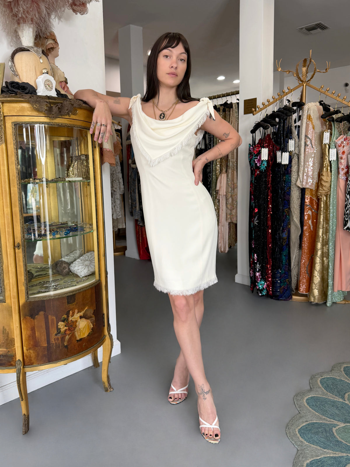 1998 Christian Dior by John Galliano Resort Collection Ivory White Crepe Fringed-Bib Dress