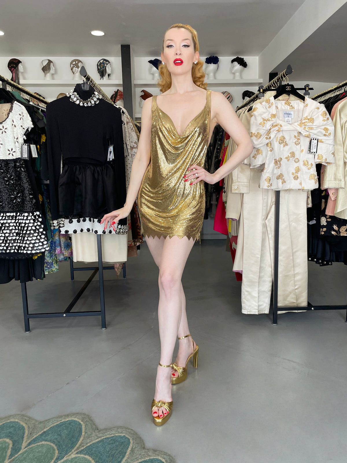 1994 Gianni Versace Iconic Gold Metal-Mesh Chainmail &amp; Leather Draped Mini Dress