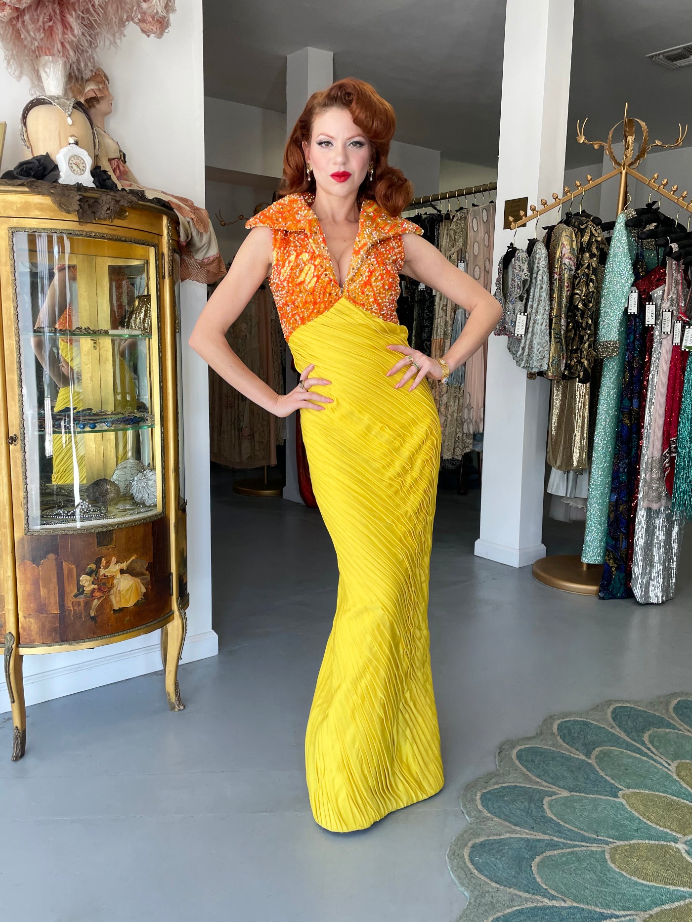 1968 La Mendola Heavily Pleated Yellow Silk-Jersey Beaded Glamour Gown
