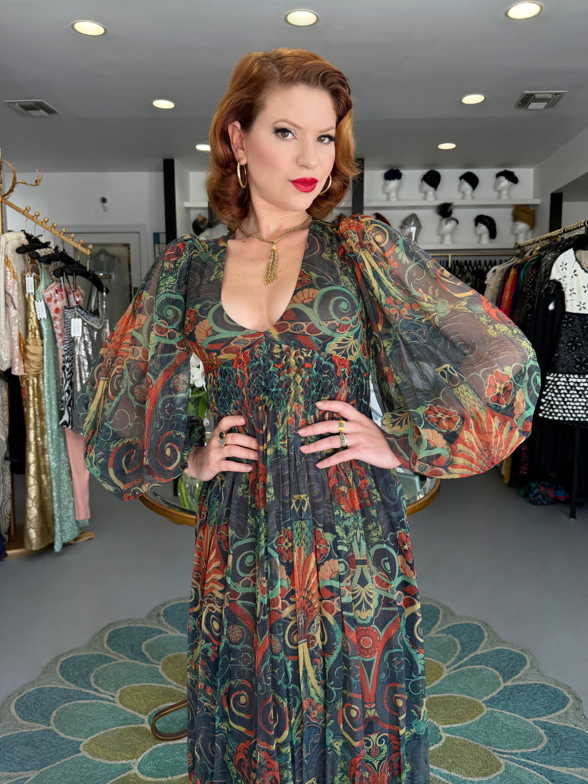 1971 Thea Porter Couture Green Art Nouveau Motif Silk Billow-Sleeve Maxi Dress