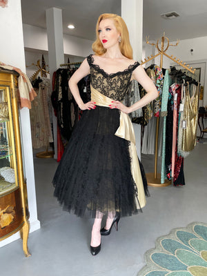 1950's Pauline Trigere Black Lace & Ivory Satin Off-Shoulder Party Dress