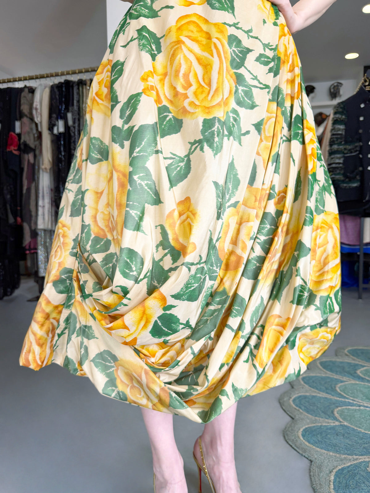 1950's Philip Hulitar Couture Yellow Roses Watercolor Silk Strapless Sculpted Party Dress
