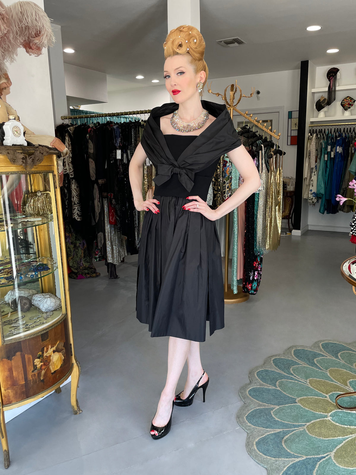 1956 Christian Dior Demi-Couture Black Silk Portrait Collar Skirted Cocktail Dress
