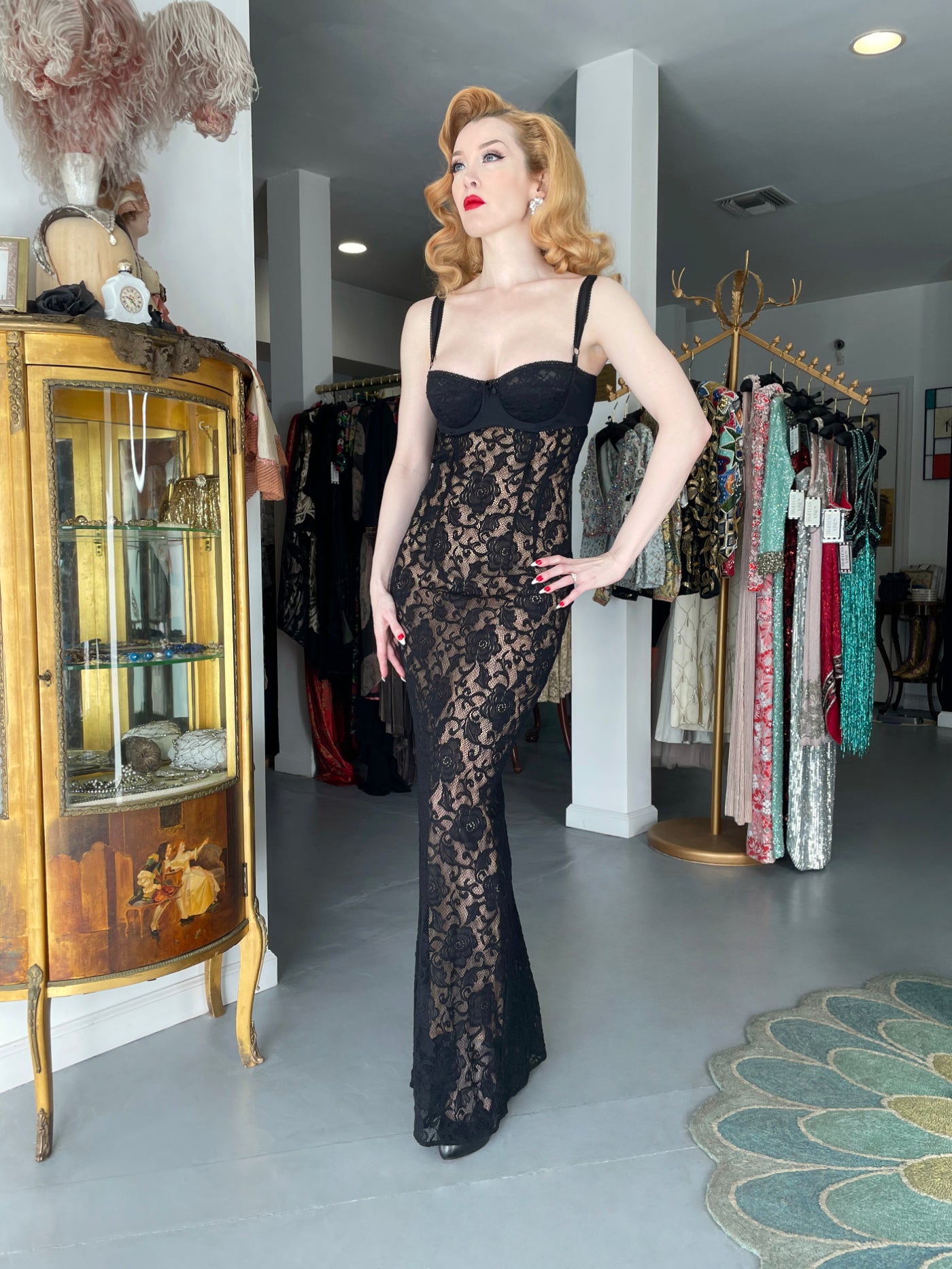 1997 Dolce & Gabbana Sheer Black Stretch Lace Built-In Bra Hourglass Slip Gown