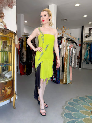 1997 Gianni Versace Lifetime Runway Lime Green & Black Embellished Silk High-Low Dress