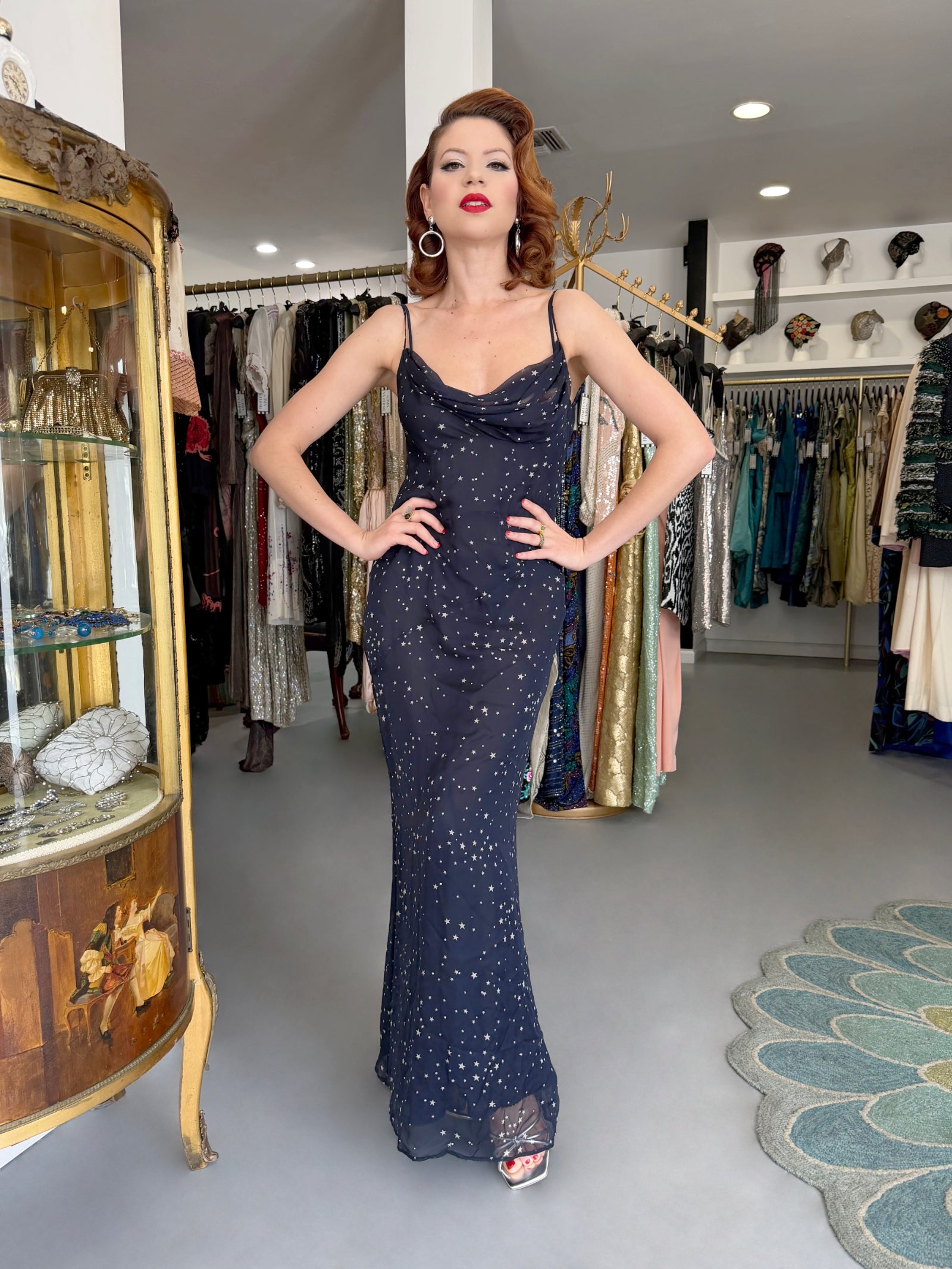 1998 Moschino Navy Blue Silk Chiffon Star Motif Rhinestone Slip Dress - Timeless Vixen 1998 Moschino Navy Blue Silk Chiffon Star Motif Rhinestone Slip Dress - Timeless Vixen