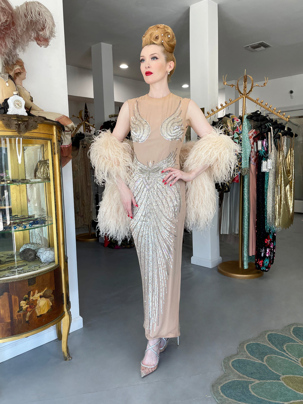 1962 Mr. Blackwell Custom Couture Rhinestone Sequin Wings Nude-Illusion Gown