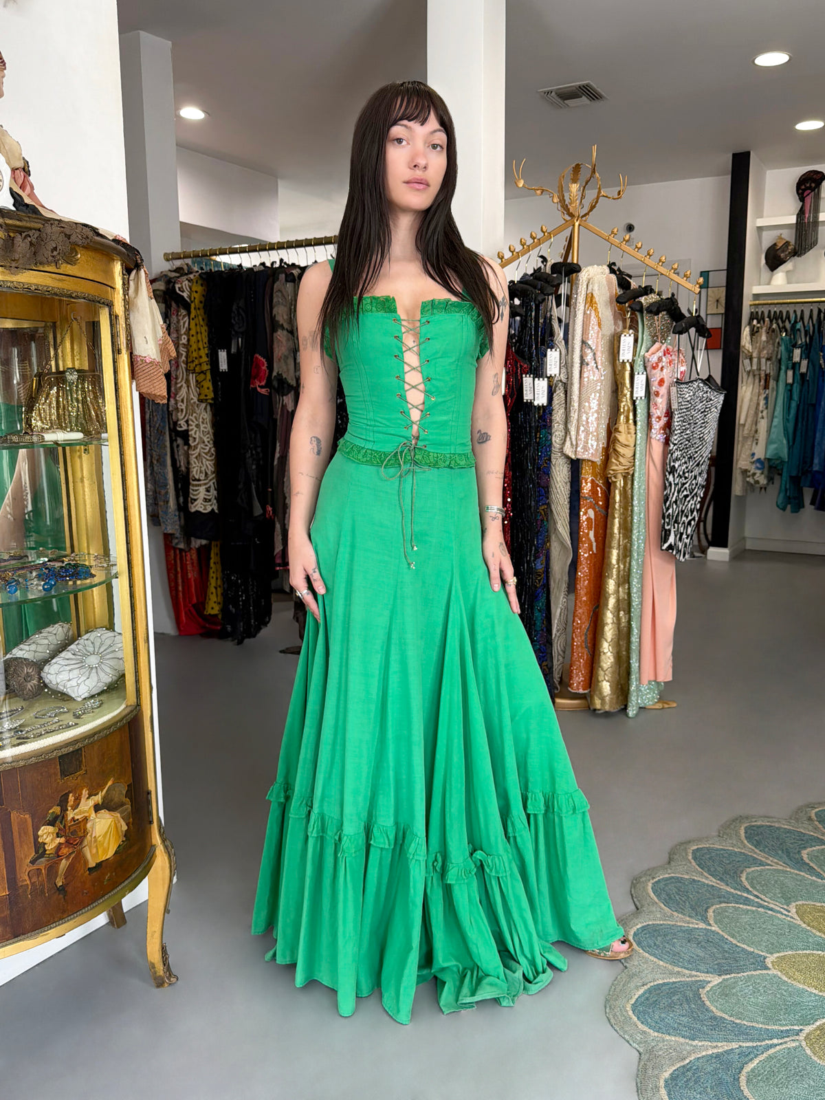 1976 Biba Emerald Green Cotton Lace-Up Corset Top & Matching Maxi Skirt