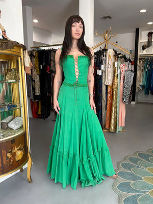 1976 Biba Emerald Green Cotton Lace-Up Corset Top & Matching Maxi Skirt