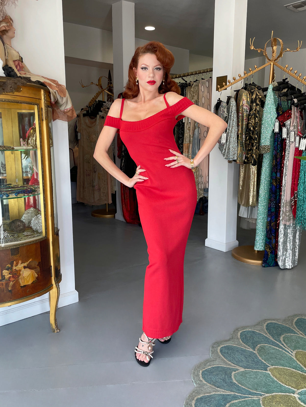 1992 Azzedine Alaia Documented Red Stretch Knit Cold-Shoulder Bodycon Maxi Dress