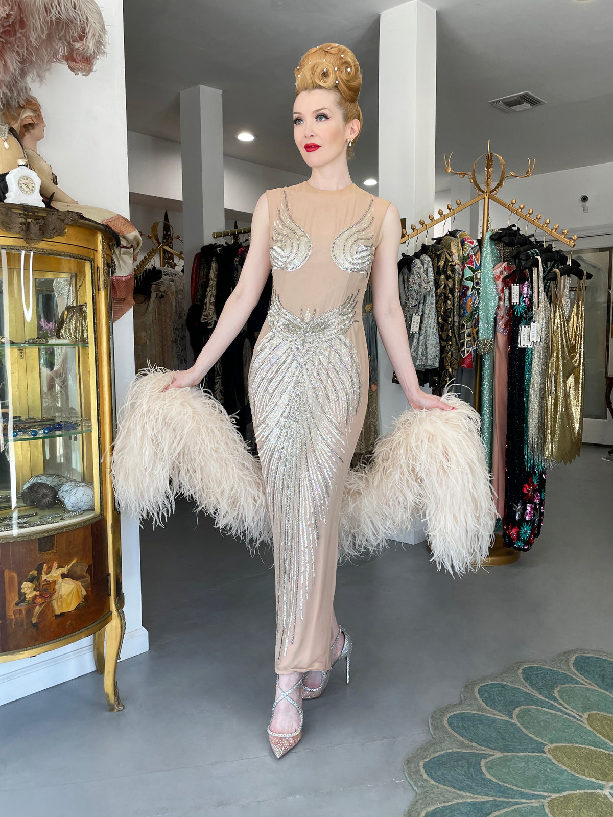 1962 Mr. Blackwell Custom Couture Rhinestone Sequin Wings Nude-Illusion Gown