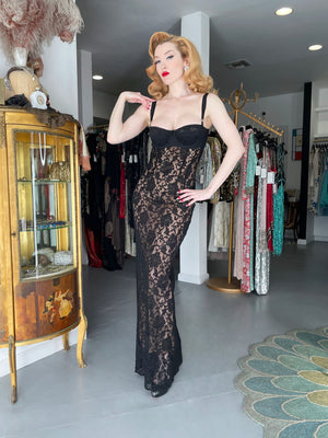 1997 Dolce & Gabbana Sheer Black Stretch Lace Built-In Bra Hourglass Slip Gown