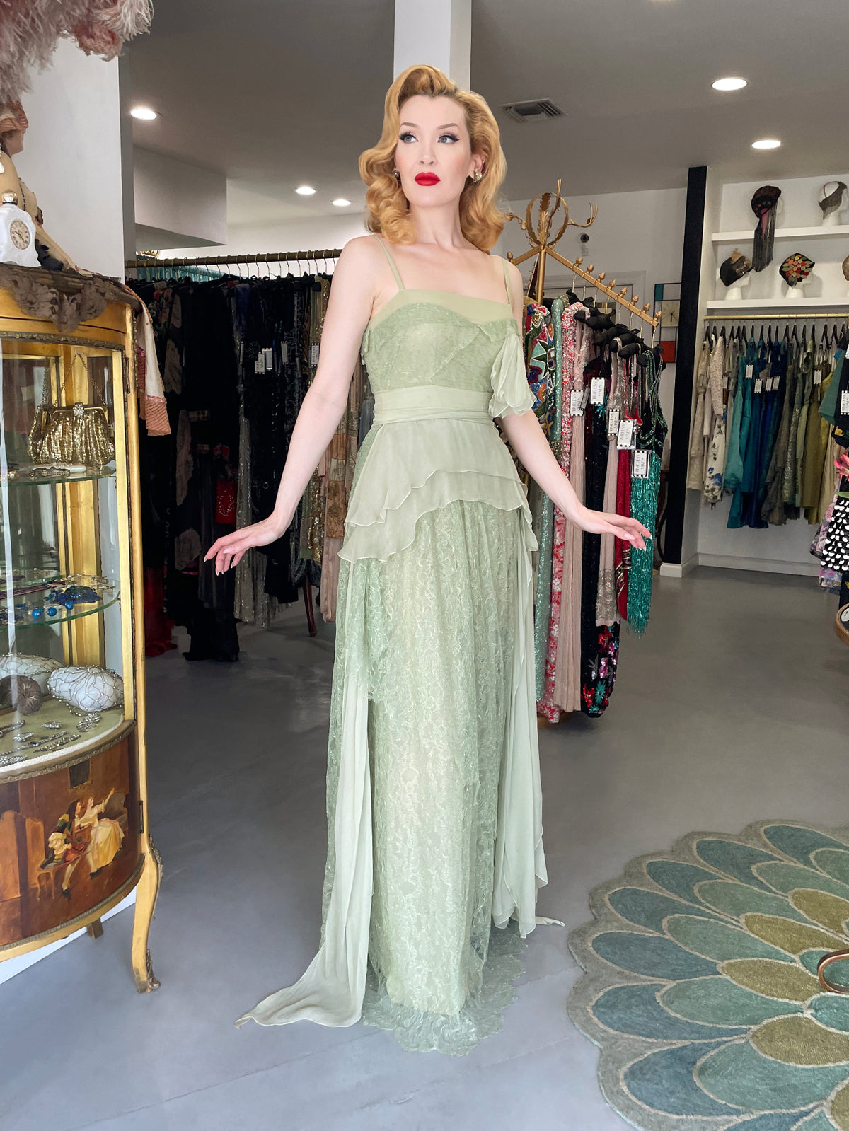 2007 John Galliano Metallic Mint-Green Lace &amp; Sheer Silk Tiered Ethereal Gown w/Tags