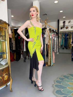 1997 Gianni Versace Lifetime Runway Lime Green & Black Embellished Silk High-Low Dress