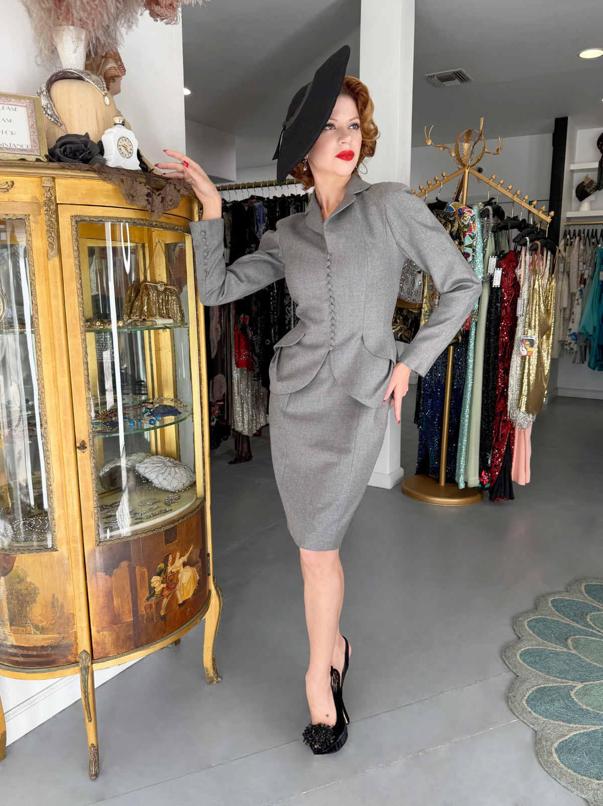 1998 John Galliano ‘Cabaret’ Collection Charcoal Gray Wool Dress & Peplum Jacket Suit