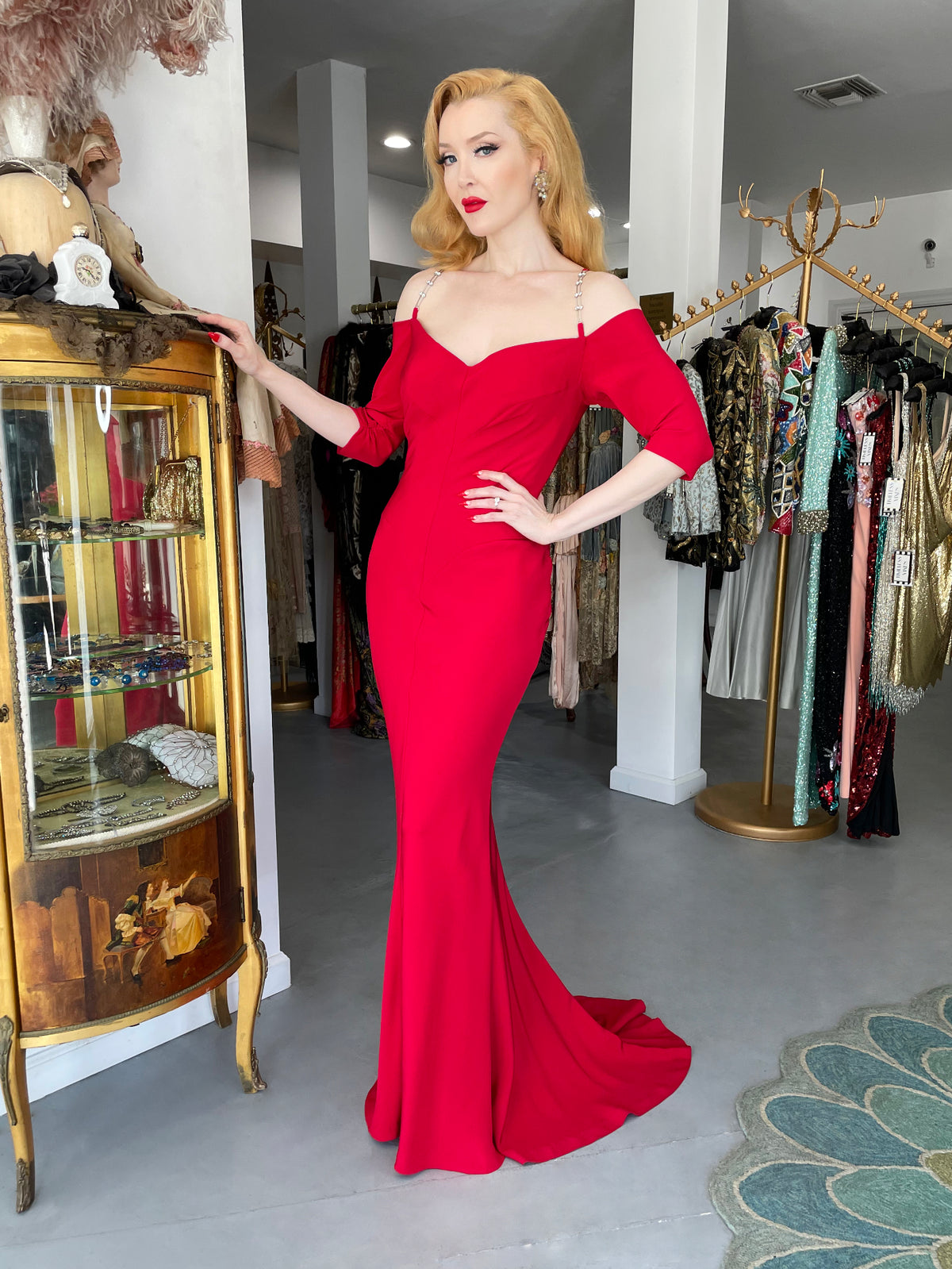 2000 Raquel Welch Custom Couture Ruby-Red Silk Bustier Hourglass Trained Gown