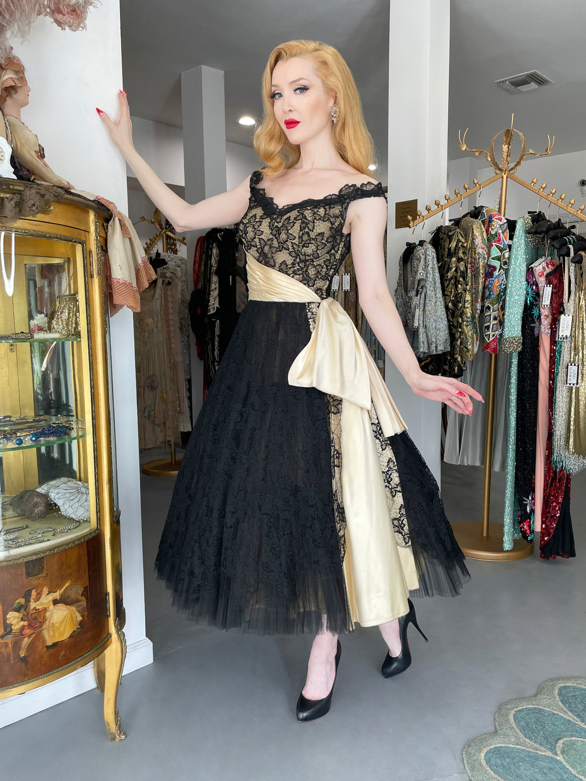 1950&#39;s Pauline Trigère Black Lace &amp; Ivory Satin Illusion Off-Shoulder ‘New Look’ Party Dress