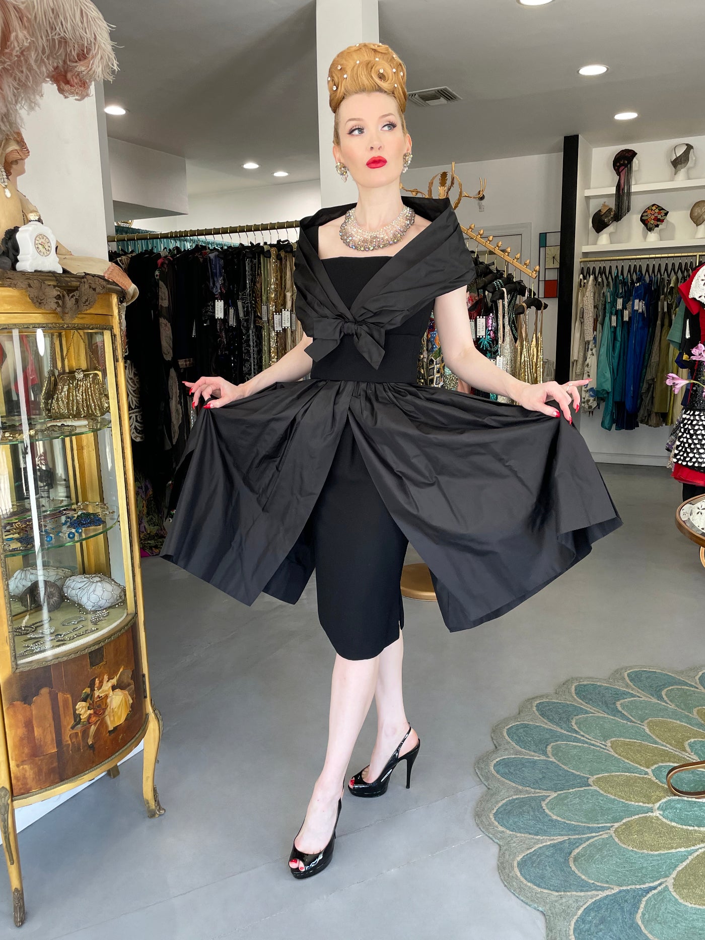 1956 Christian Dior Demi-Couture Black Silk Portrait Collar Skirted Cocktail Dress