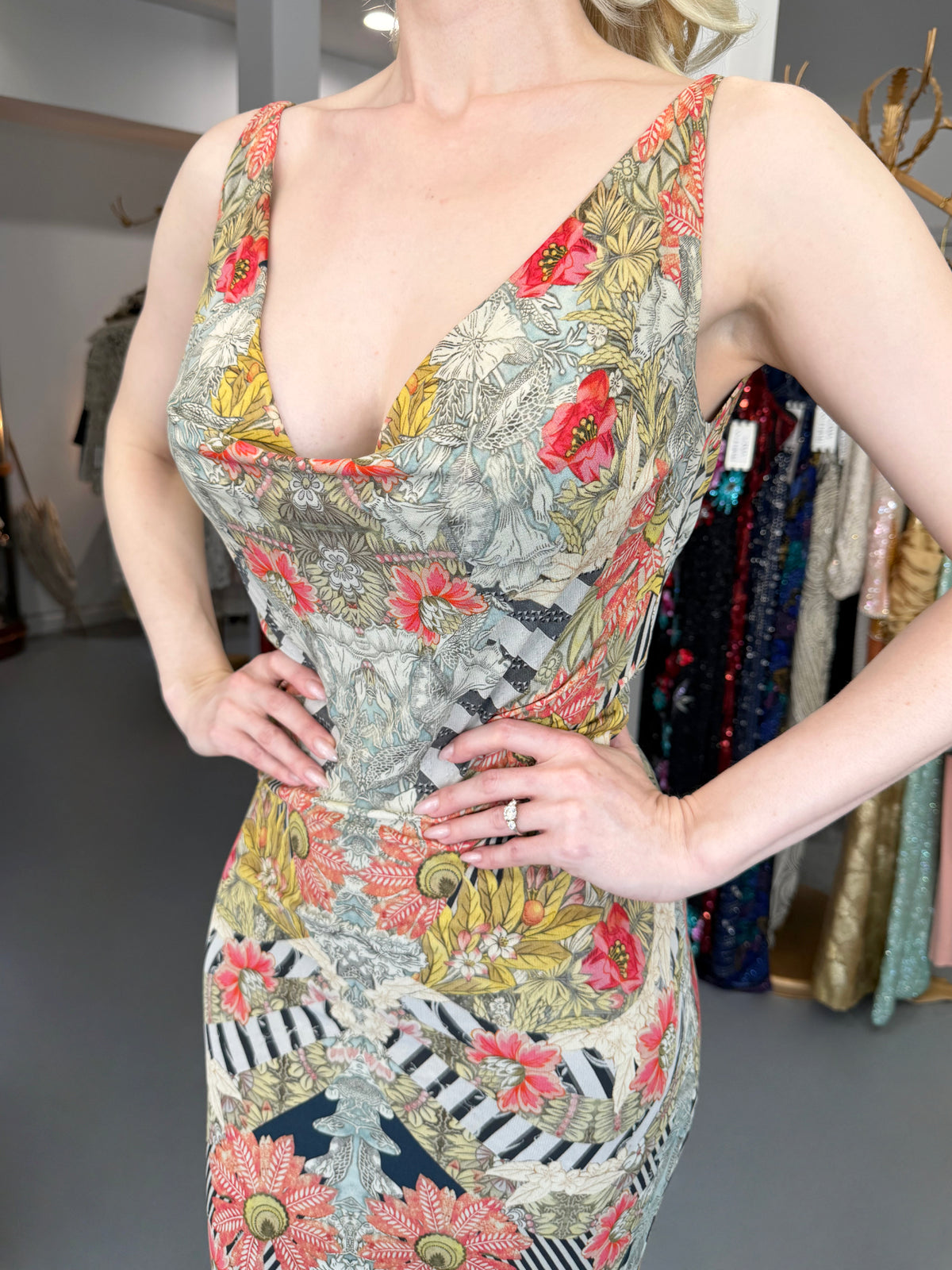 2011 Alexander McQueen 'Folklore Fin' Floral Stripe Print Draped Bias-Cut Gown w/ Shawl